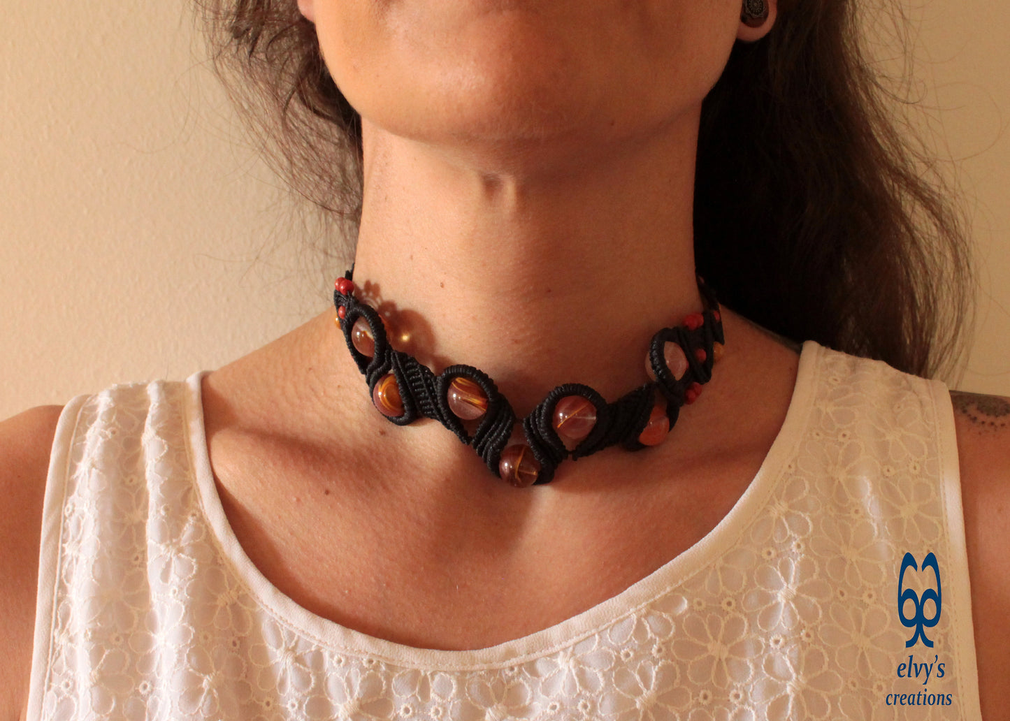 Black Macrame Crystal, Coral and Agate Natural Gemstones Adjustable Choker