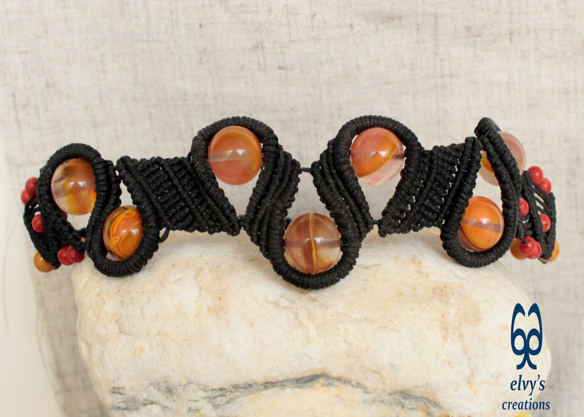 Black Macrame Crystal, Coral and Agate Natural Gemstones Adjustable Choker