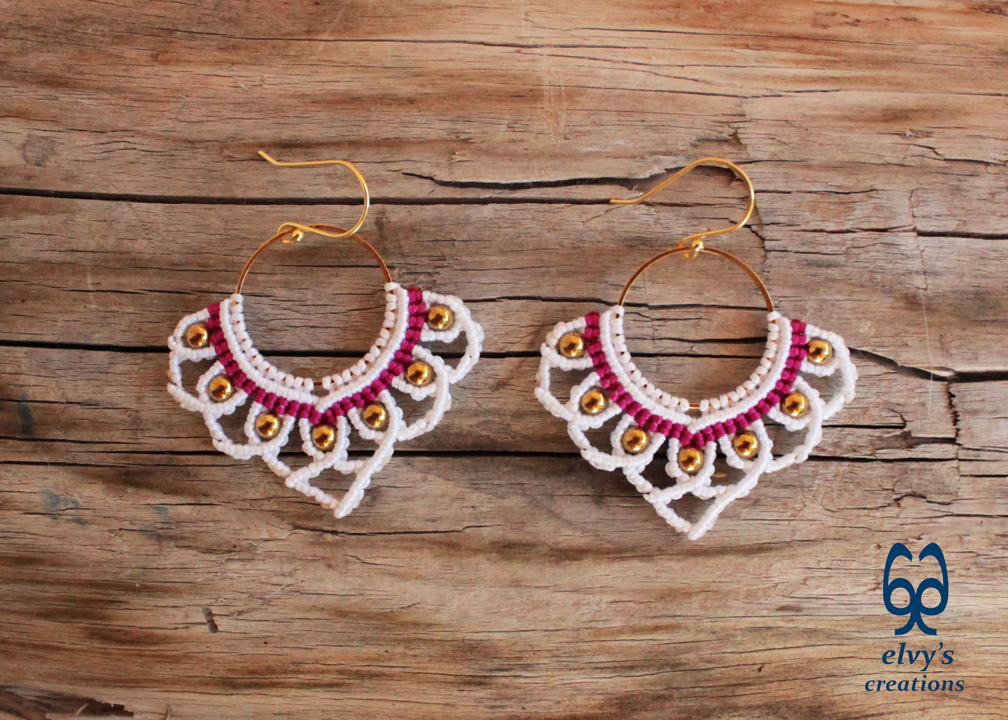 White Macrame Earrings with Hematite Gemstones Lotus Gold Hoop Earrings