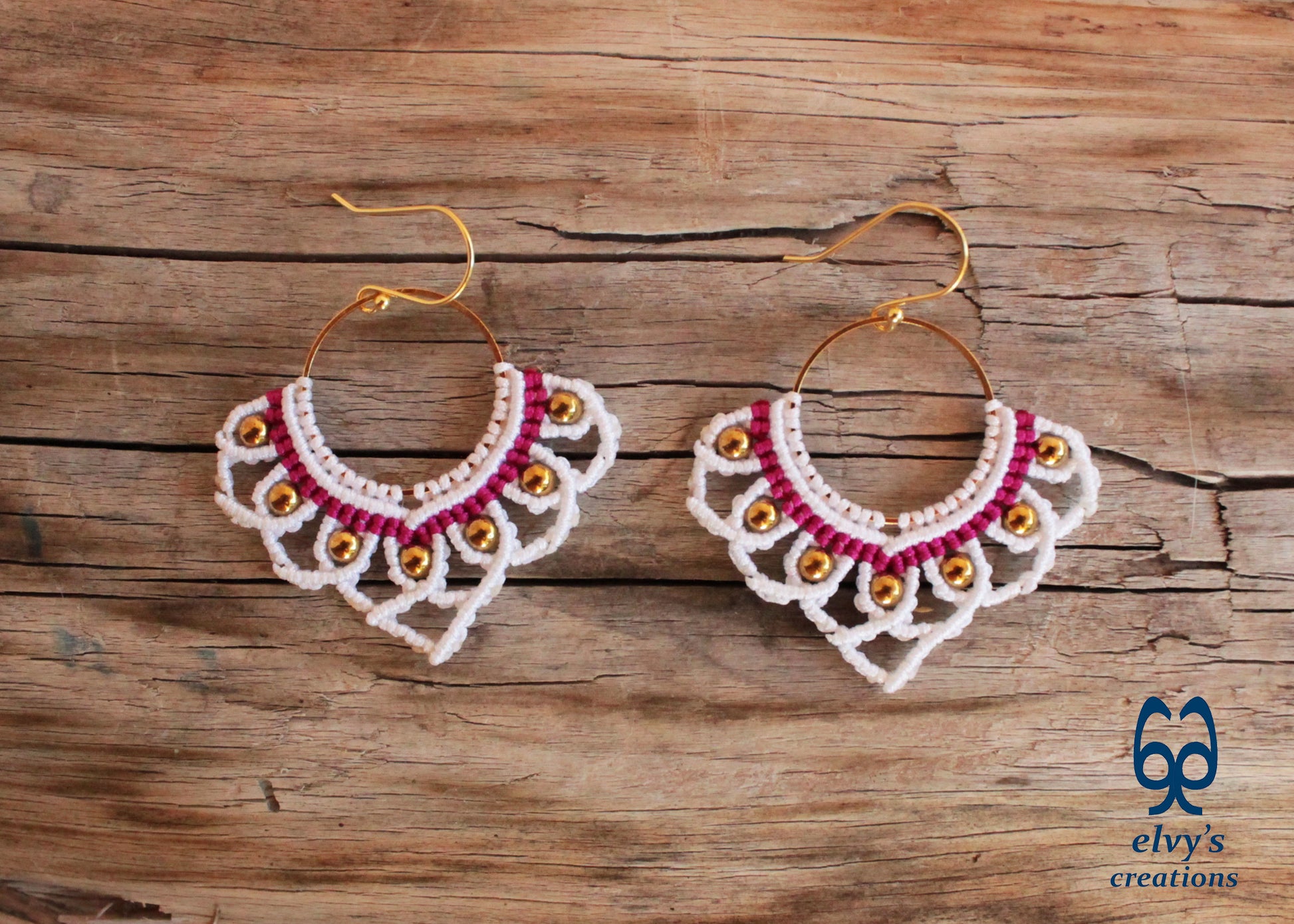 White Macrame Earrings with Hematite Gemstones Lotus Gold Hoop Earrings