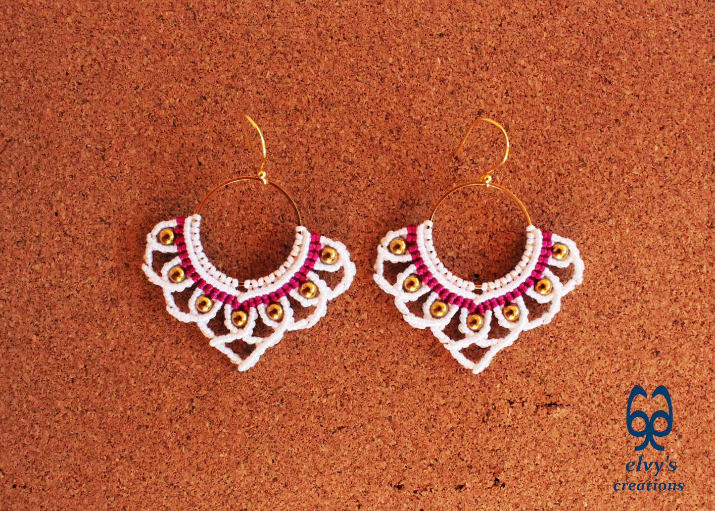 White Macrame Earrings with Hematite Gemstones Lotus Gold Hoop Earrings