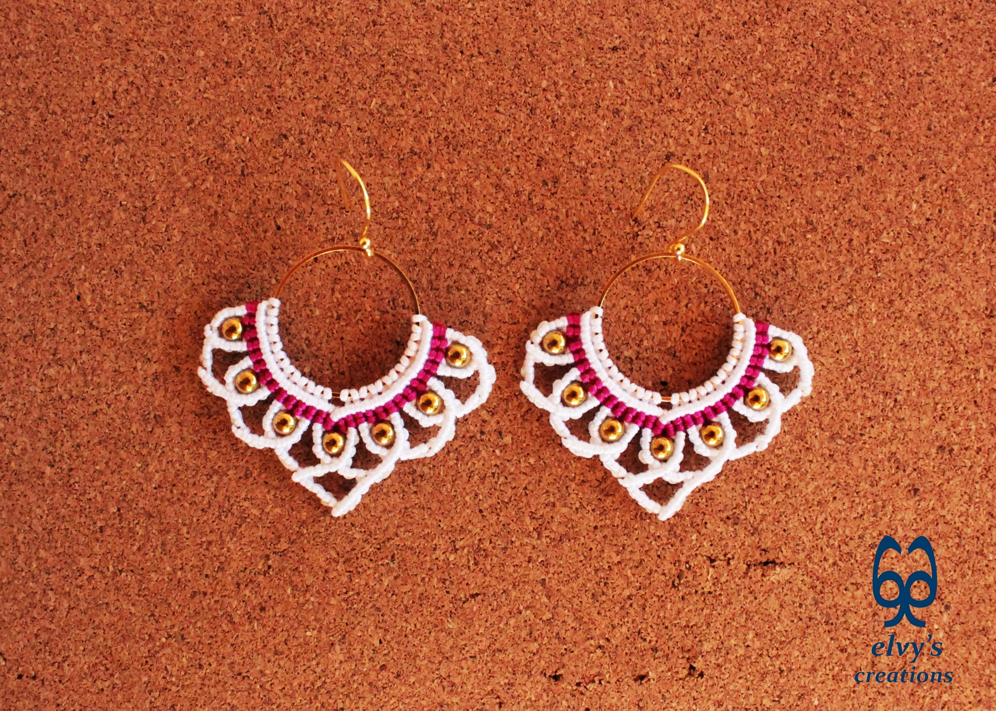 White Macrame Earrings with Hematite Gemstones Lotus Gold Hoop Earrings