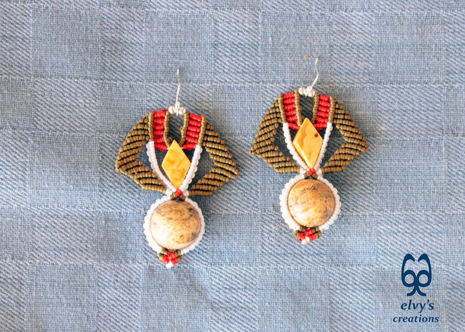 Yellow Agate Macrame Earrings, Red and Gold Dangle Gemstone Beaded Earrings, Unique Birthday Gift for Women