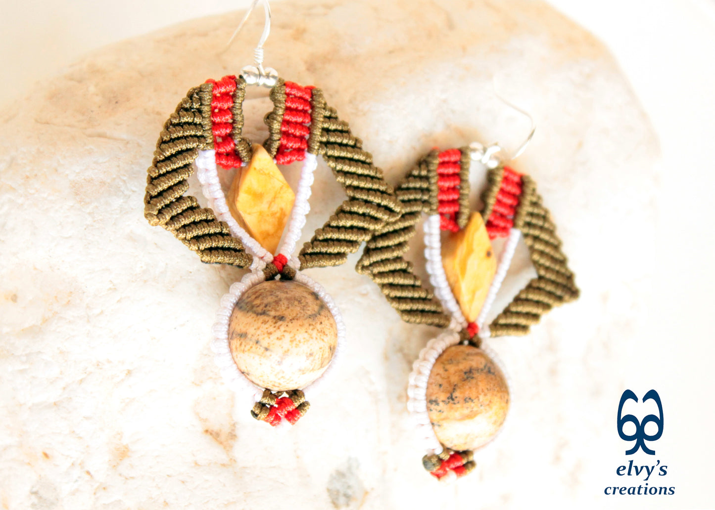 Yellow Agate Macrame Earrings, Red and Gold Dangle Gemstone Beaded Earrings, Unique Birthday Gift for Women