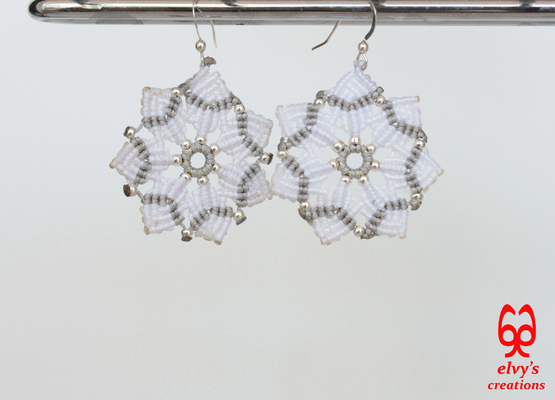 Macrame Christmas Star Earrings Holiday Season New Year Gift for her White Dangle Stars with Silver Brass Beads Handmade Christmas Present