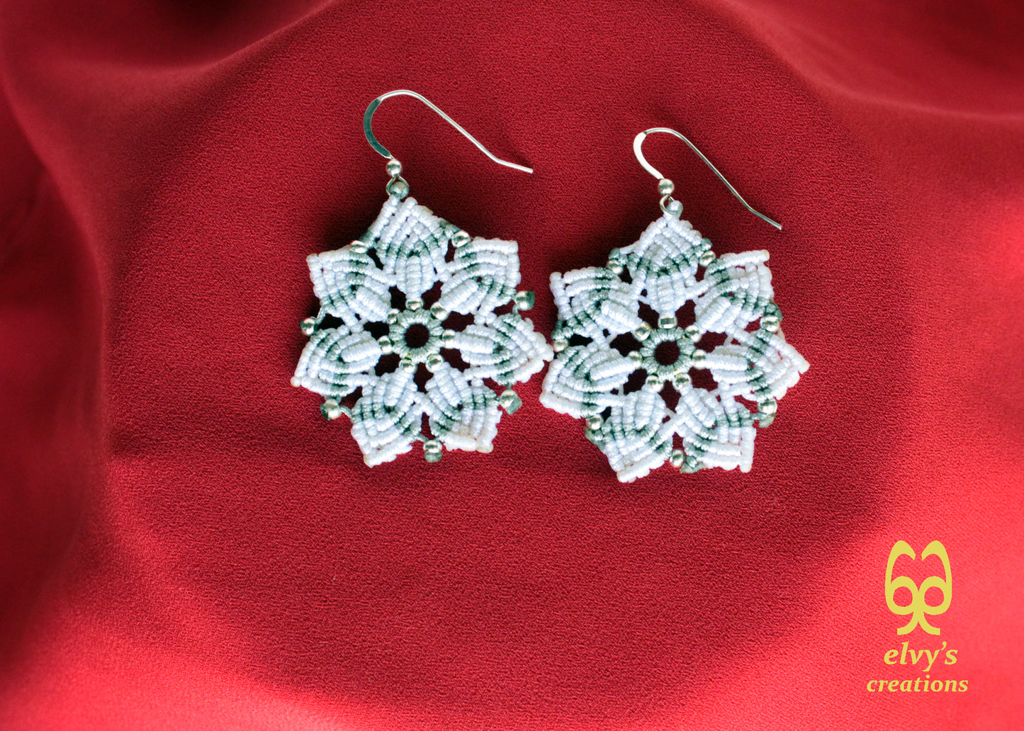 Macrame Christmas Star Earrings Holiday Season New Year Gift for her White Dangle Stars with Silver Brass Beads Handmade Christmas Present