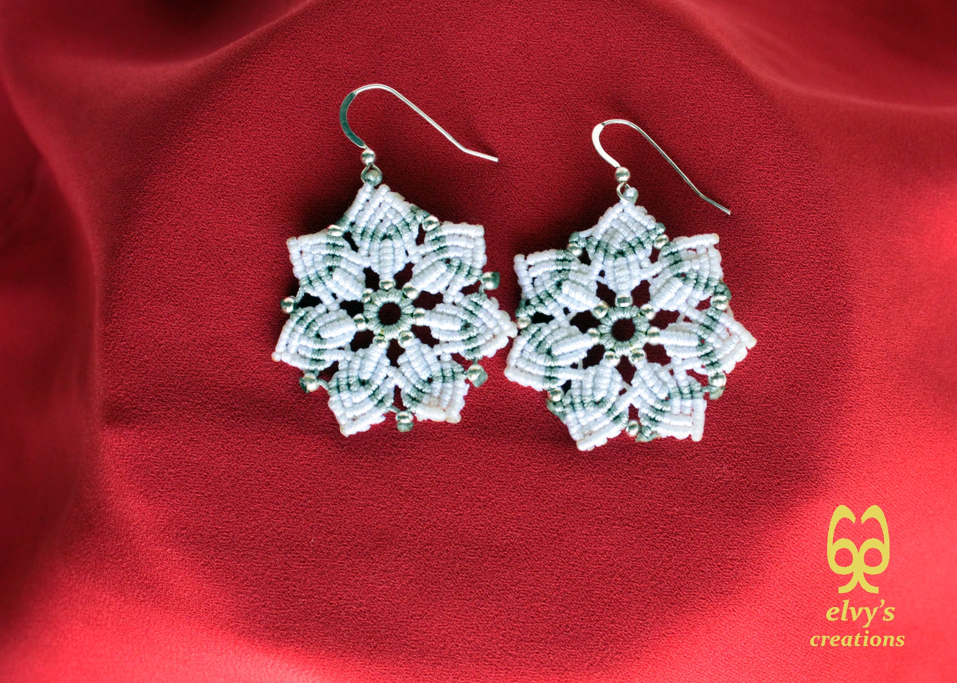 Macrame Christmas Star Earrings Holiday Season New Year Gift for her White Dangle Stars with Silver Brass Beads Handmade Christmas Present
