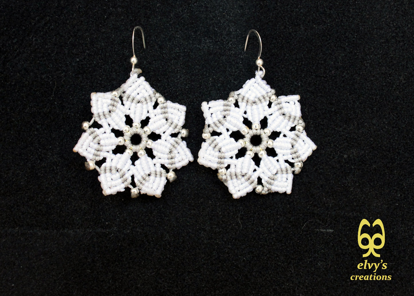 Macrame Christmas Star Earrings Holiday Season New Year Gift for her White Dangle Stars with Silver Brass Beads Handmade Christmas Present
