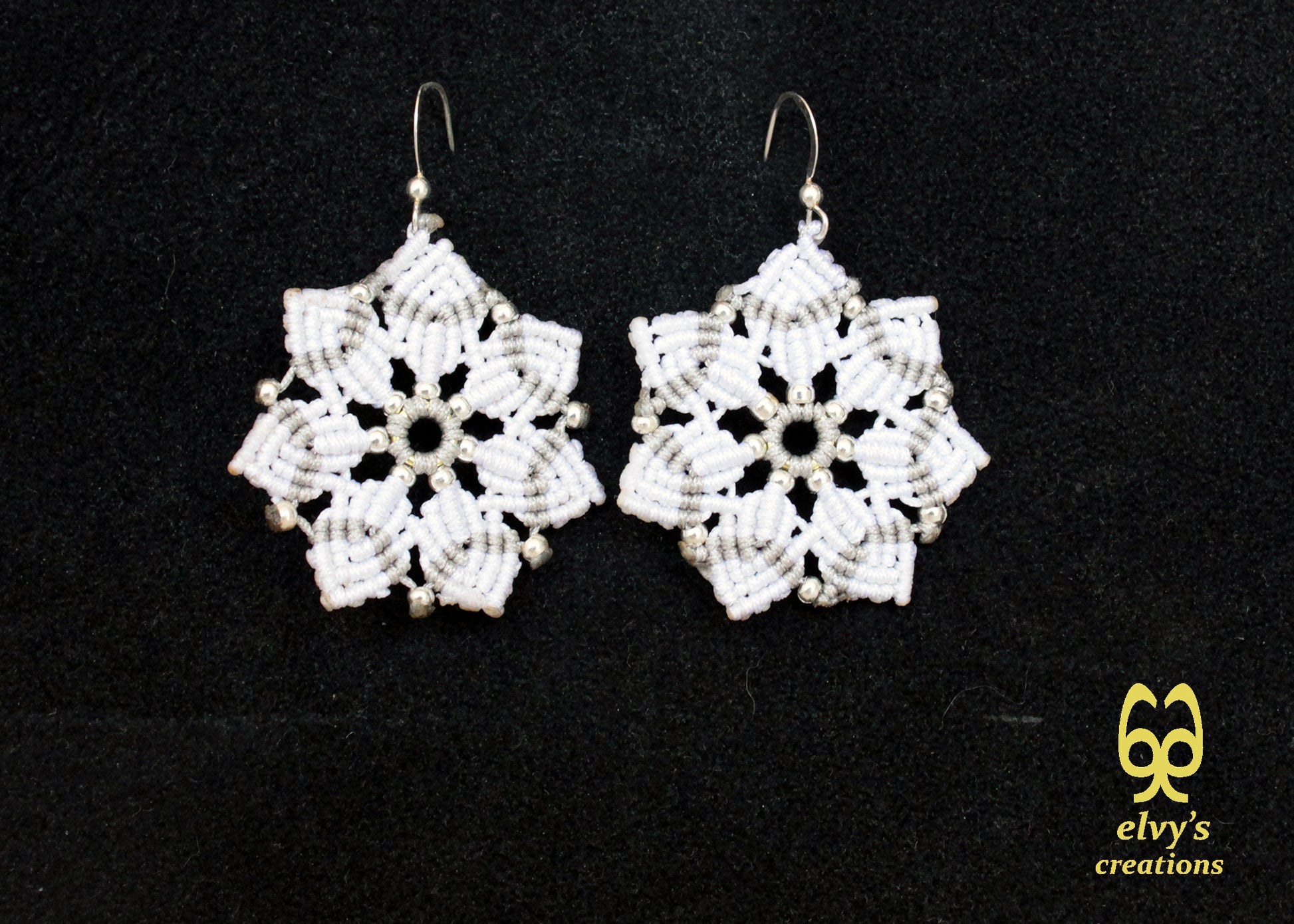 Macrame Christmas Star Earrings Holiday Season New Year Gift for her White Dangle Stars with Silver Brass Beads Handmade Christmas Present
