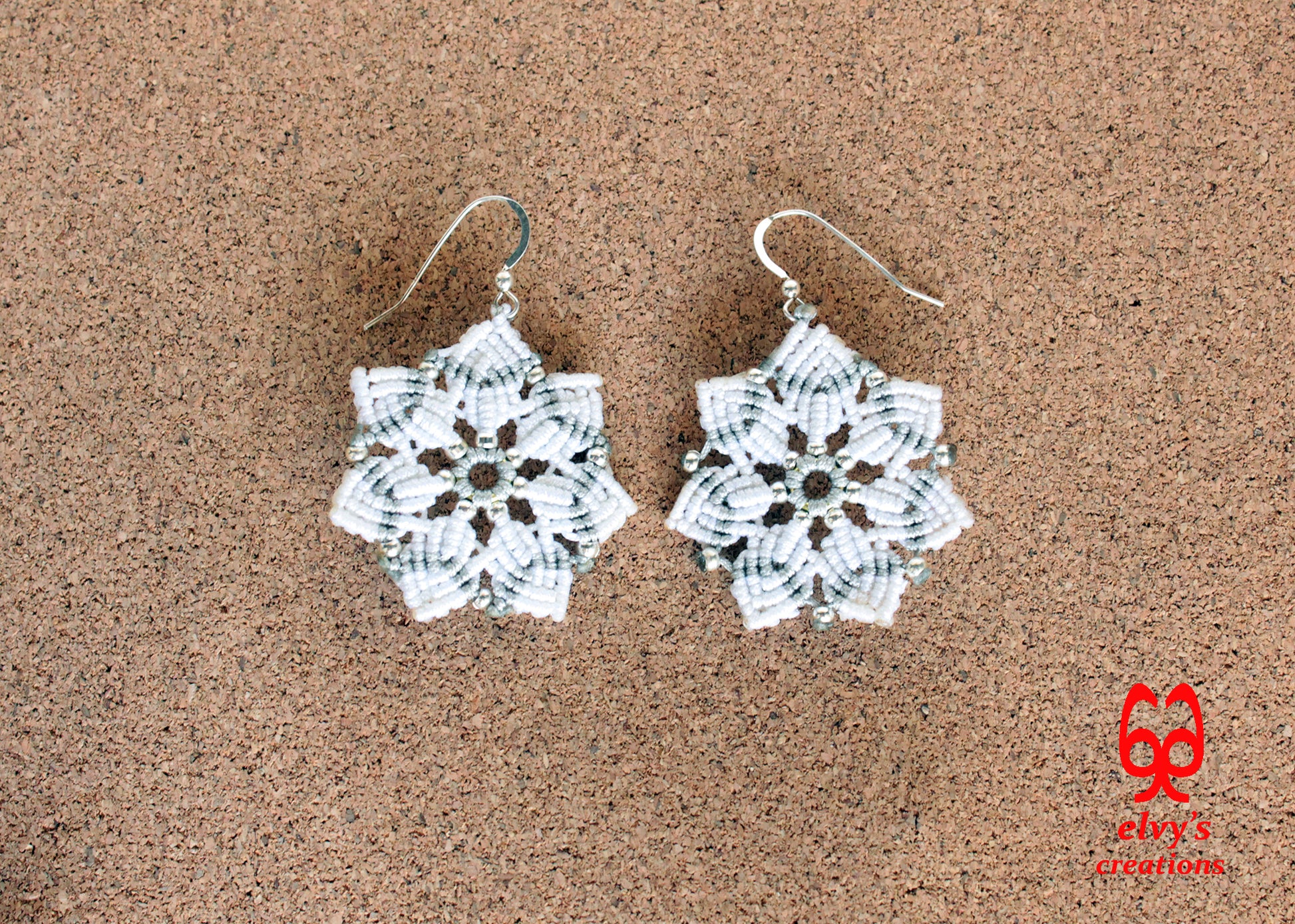 Macrame Christmas Star Earrings Holiday Season New Year Gift for her White Dangle Stars with Silver Brass Beads Handmade Christmas Present