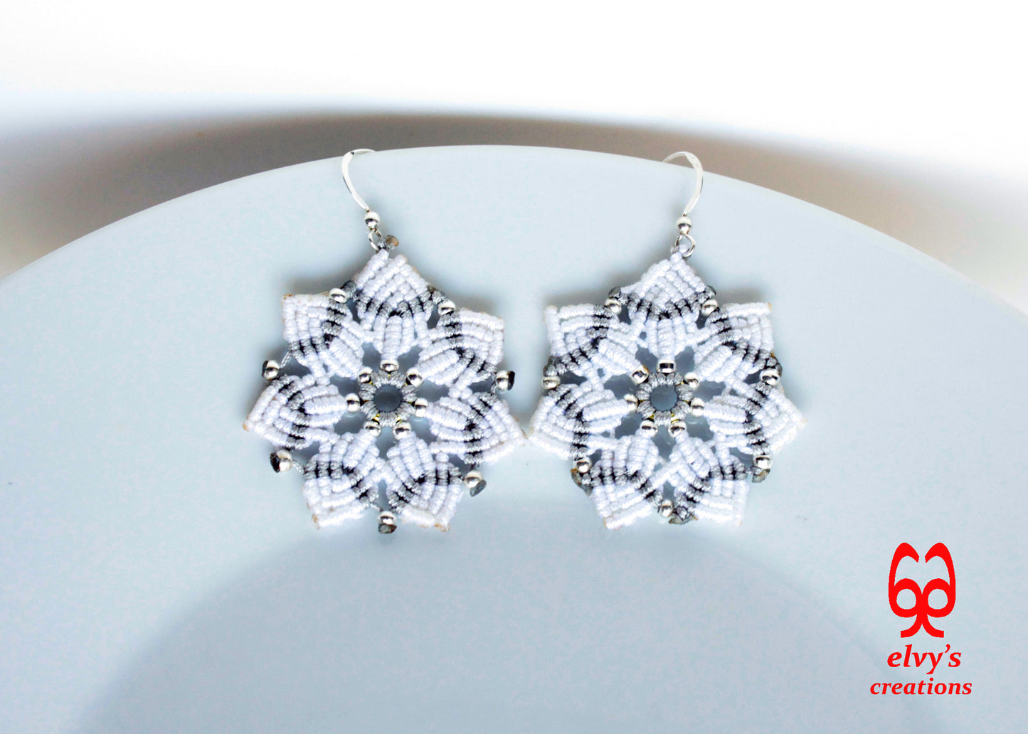 Macrame Christmas Star Earrings Holiday Season New Year Gift for her White Dangle Stars with Silver Brass Beads Handmade Christmas Present