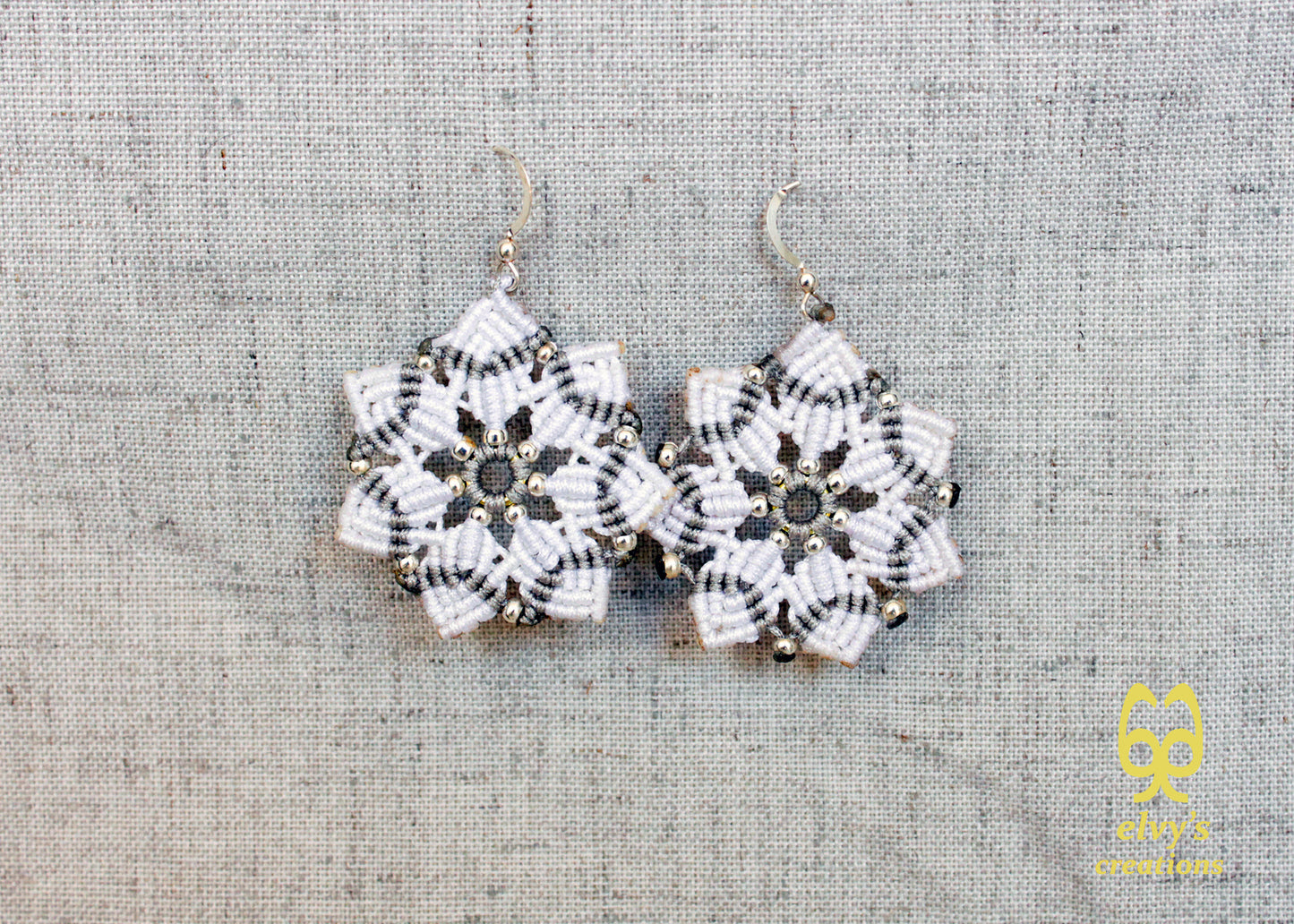 Macrame Christmas Star Earrings Holiday Season New Year Gift for her White Dangle Stars with Silver Brass Beads Handmade Christmas Present