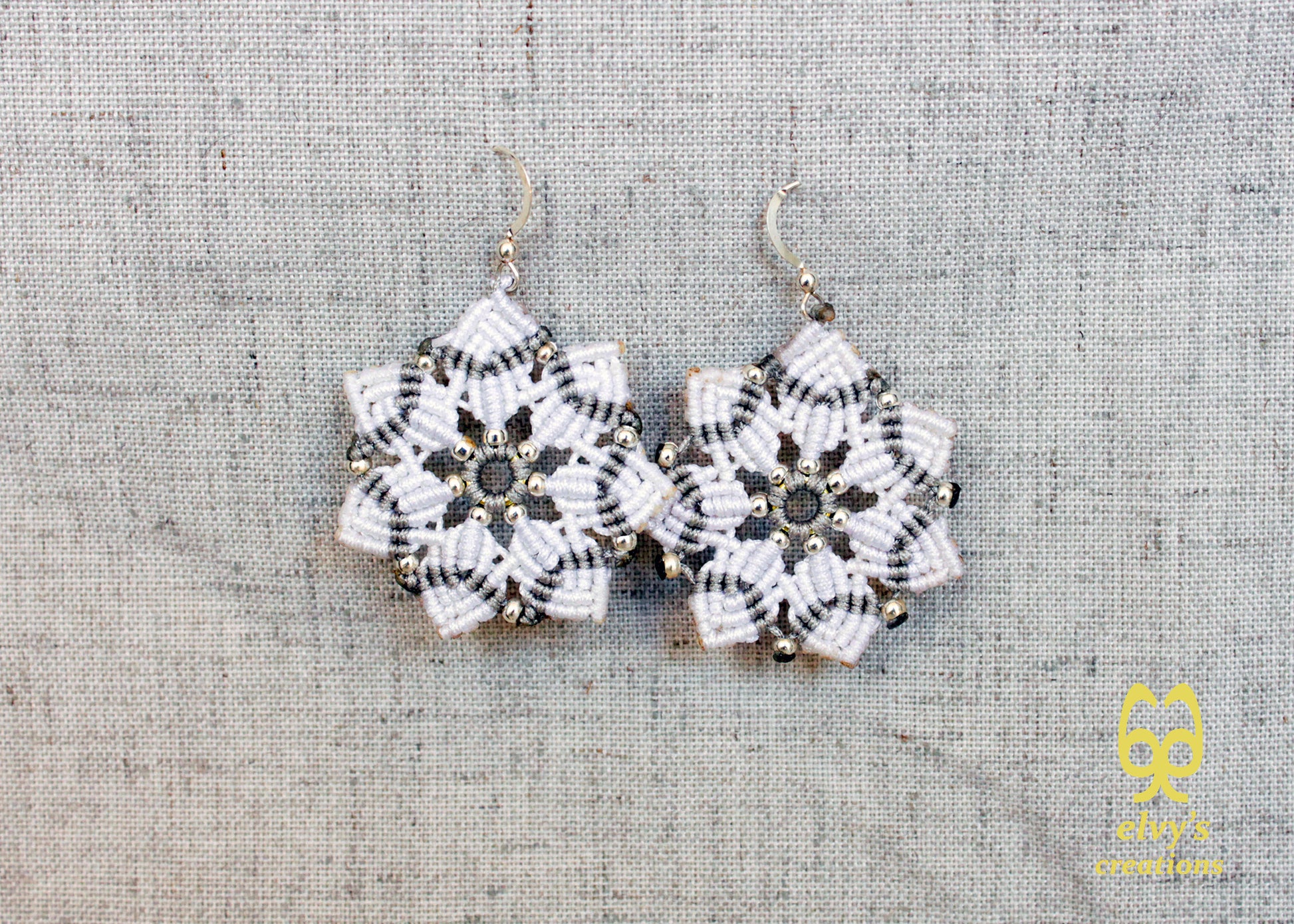 Macrame Christmas Star Earrings Holiday Season New Year Gift for her White Dangle Stars with Silver Brass Beads Handmade Christmas Present