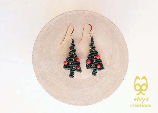 Macrame Christmas Tree Earrings Holiday Season New Year Gift for her Green Xmas Tree with Golden Brass Beads and Red Natural Corals