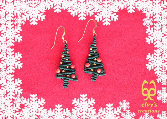 Macrame Christmas Tree Earrings Holiday Season New Year Gift for her Green Xmas Tree with Golden Brass Beads and Red Natural Corals