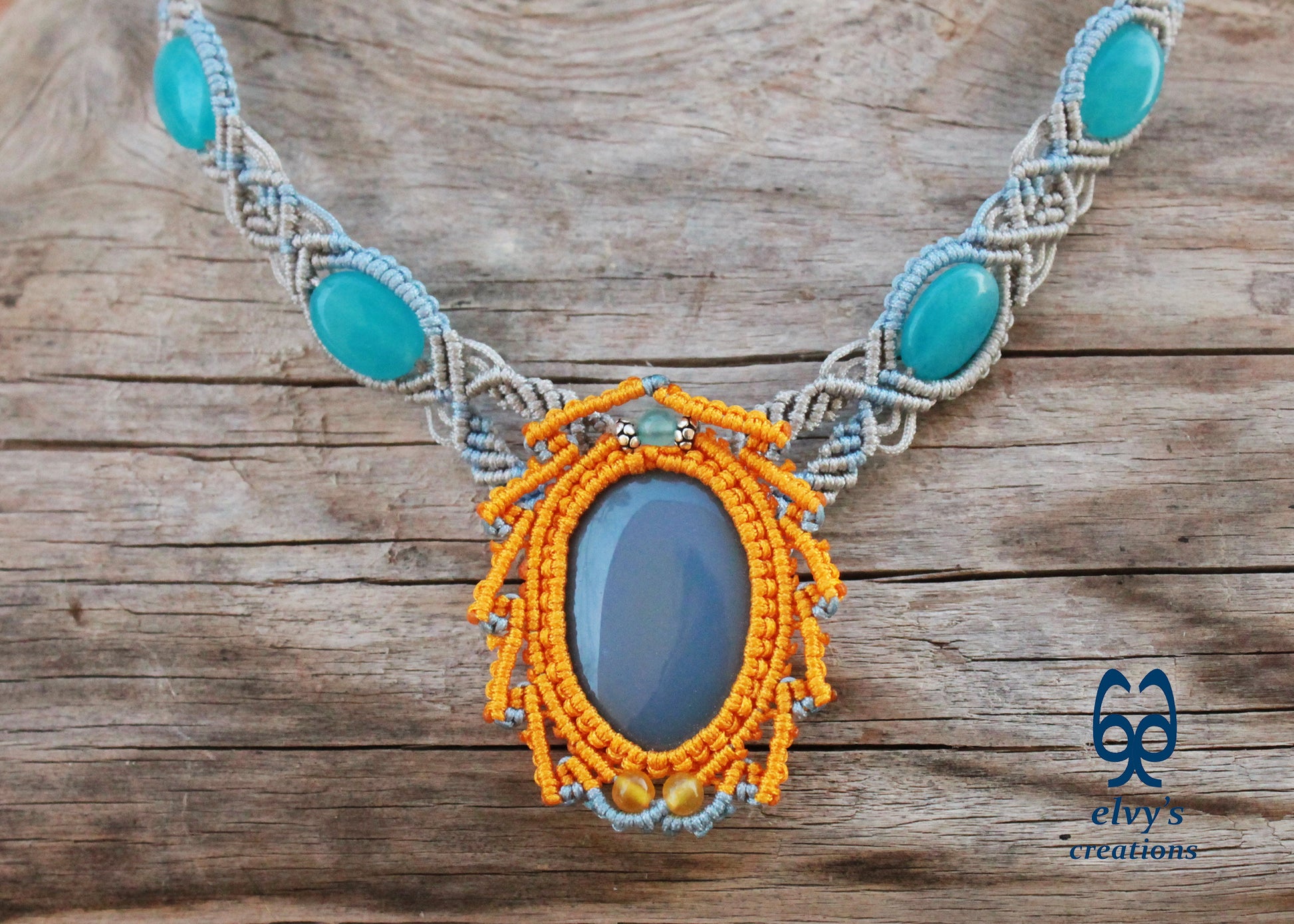 Blue Macrame Necklace Jade Gemstone Silver Choker Necklace Yellow Necklace 