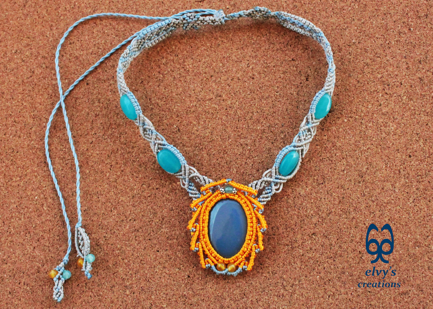 Blue Macrame Necklace Jade Gemstone Silver Choker Necklace Yellow Necklace 