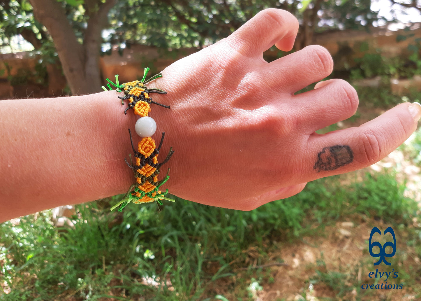 Yellow Macrame Bracelet with Quartz Gemstones Green Milky Quartz Cuff