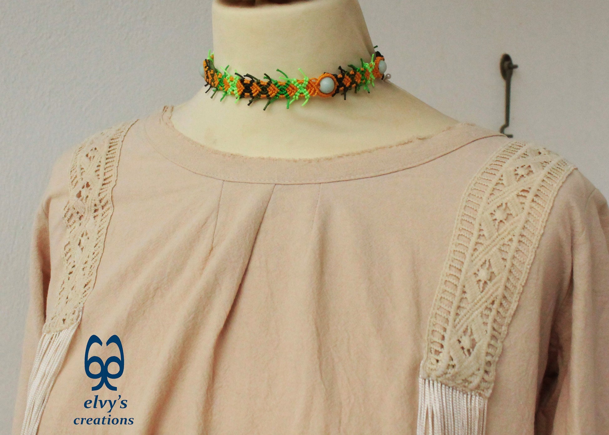 Yellow Macrame Necklace with Milky Quartz Gemstone Adjustable Lace Choker