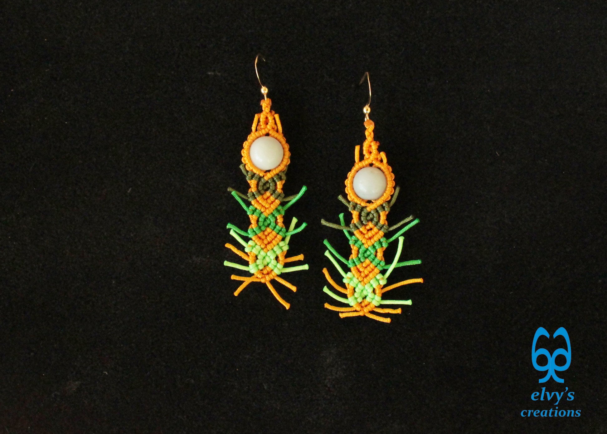 Yellow Macrame Earrings with Milky Quartz Green Gemstones