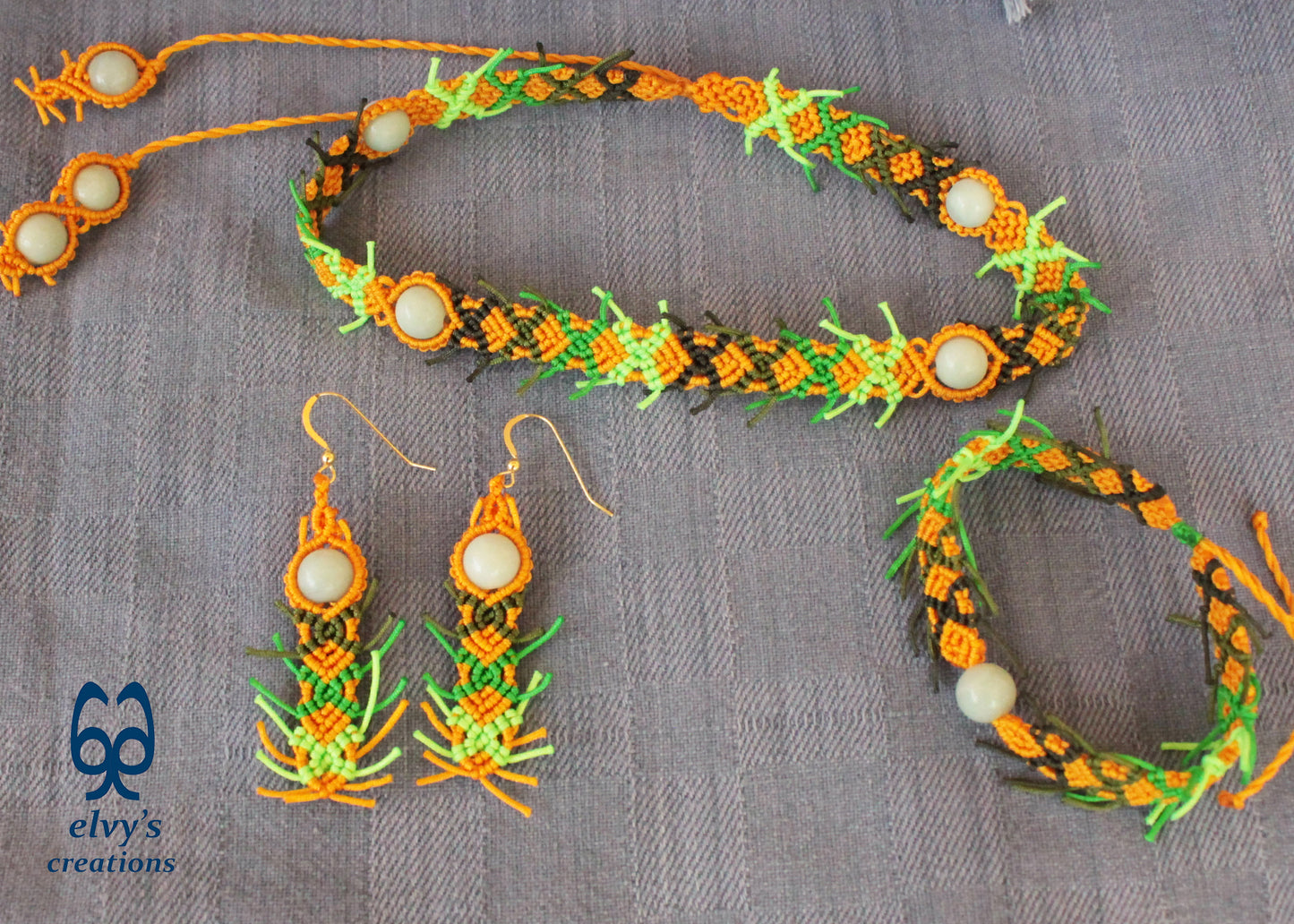 Yellow Macrame Bracelet with Quartz Gemstones Green Milky Quartz Cuff