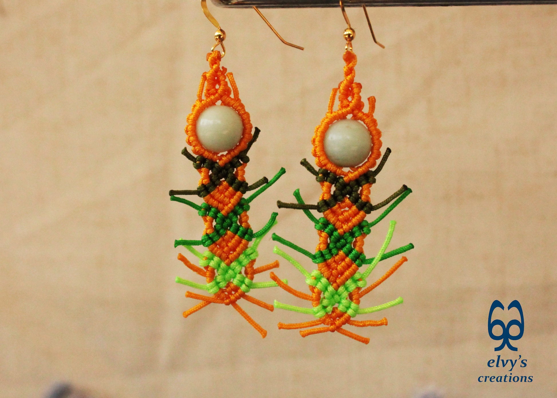 Yellow Macrame Earrings with Milky Quartz Green Gemstones