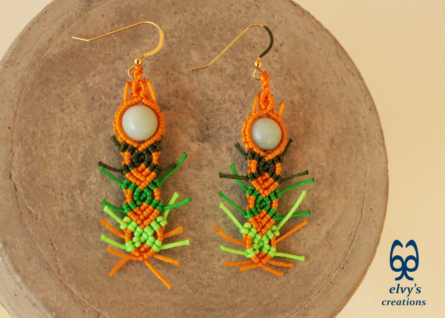 Yellow Macrame Earrings with Milky Quartz Green Gemstones