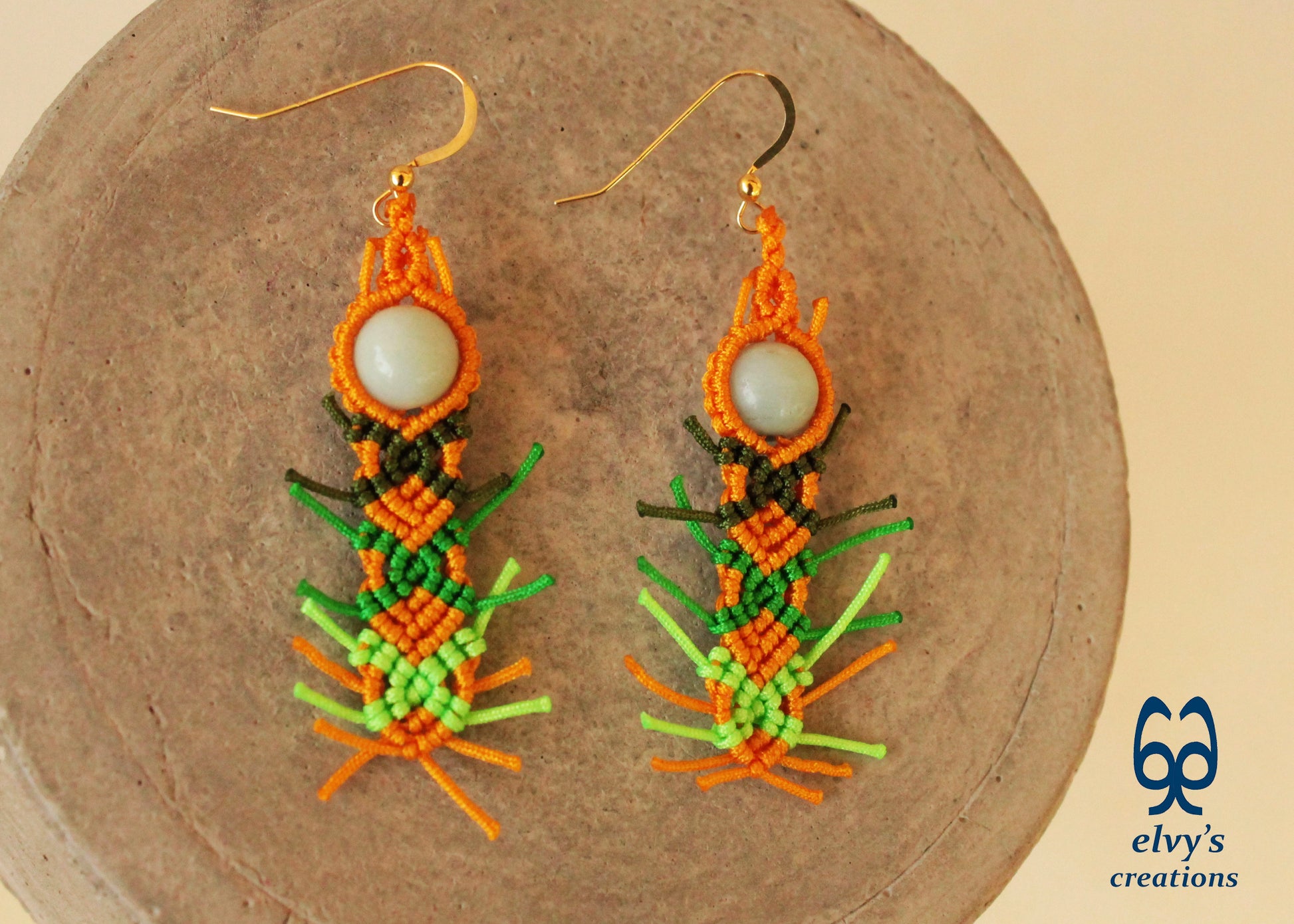 Yellow Macrame Earrings with Milky Quartz Green Gemstones