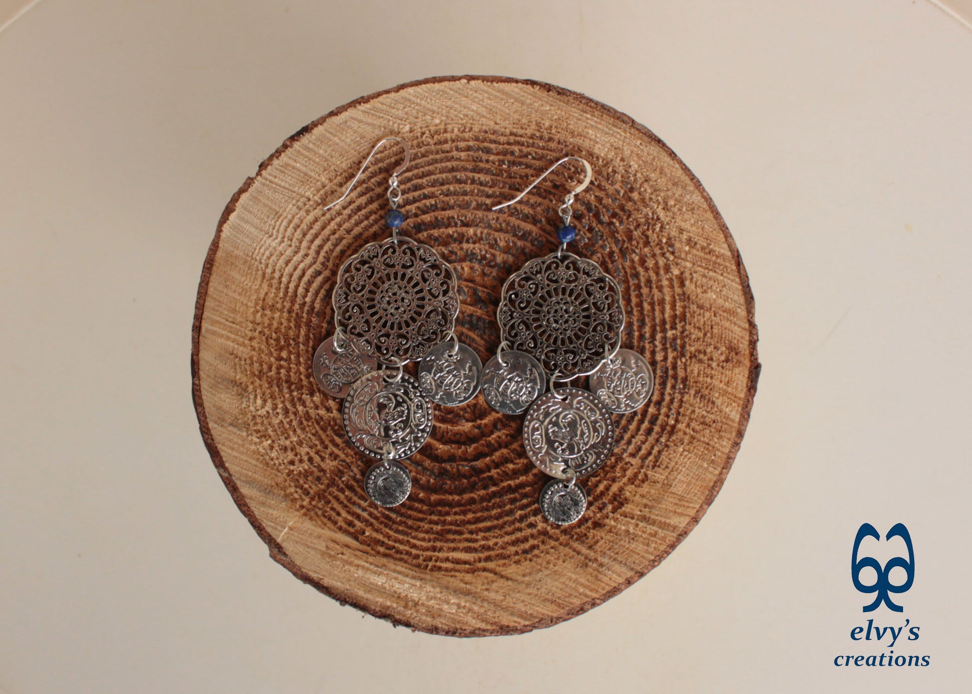 Handmade Silver Macrame Earrings with Long Dangle Lapis Lazuli  Gemstones