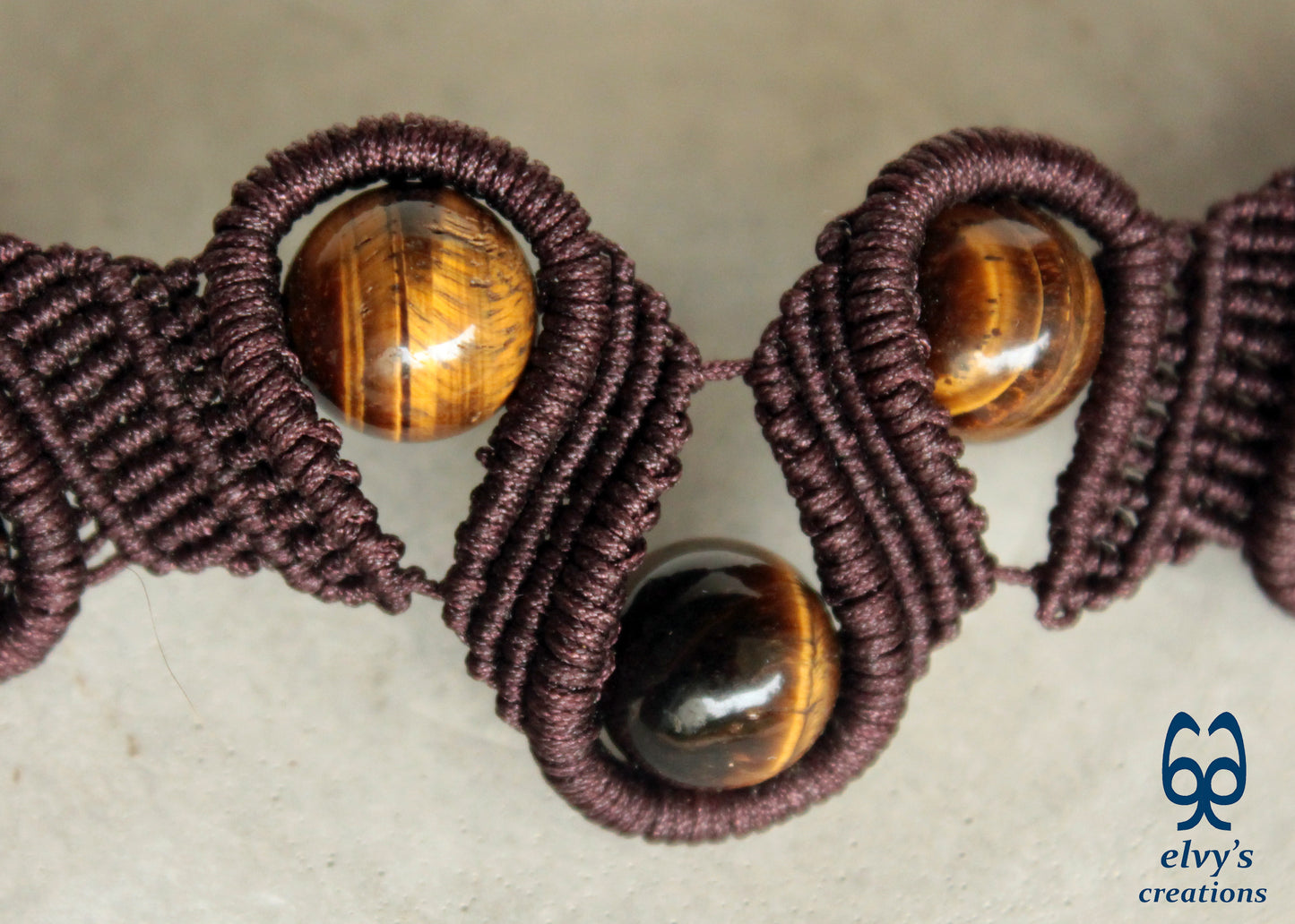 Brown Beaded Macrame Adjustable Necklace Natural Tiger Eye Gems Choker for Women